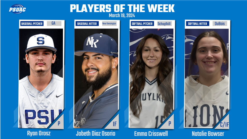 PSUAC Players of the Week, from left: Penn State Greater Allegheny's Ryan Orosz (Baseball Pitcher); Penn State New Kensington's Jobeth Diaz Osorio (Baseball Hitter); Penn State Schuylkill's Emma Crisswell (Softball Pitcher); Penn State DuBois' Natalie Bowser (Softball Hitter).