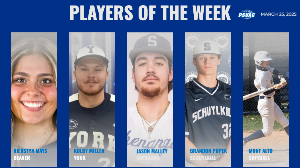 PSUAC Players of the Week for March 25th are, from left: Penn State Beaver's Kierstyn Mays, Penn State York's Kolby Miller, Penn State Shenango's Jason Malley, Penn State Schuylkill's Brandon Pupek, and Penn State Mont Alto Softball.