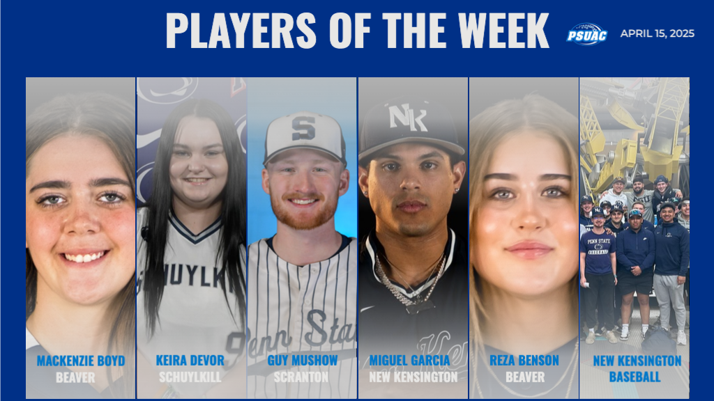 PSUAC Players of the Week announced on April 15, 2025, include, from left: Penn State Mont Beaver's Mackenzie Boyd; Penn State Schuylkill's Keira Devor; Penn State Scranton's Guy Mushow; Penn State New Kensington's Miguel Garcia; Penn State Beaver's Reza Benson; and Penn State New Kensington Baseball.