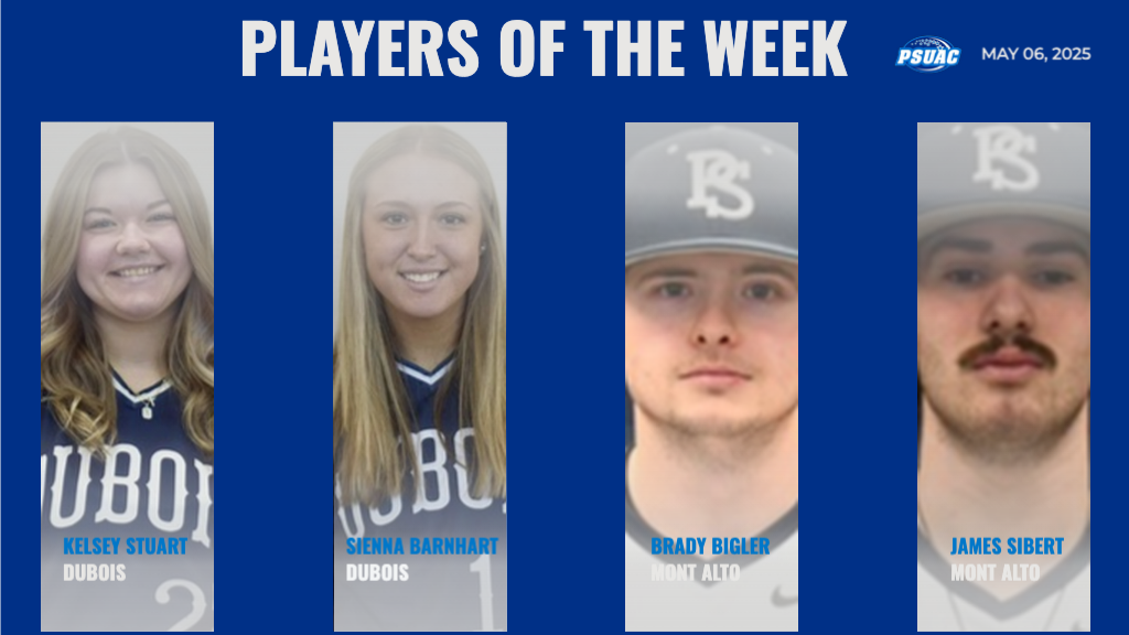 Four Receive final PSUAC Weekly Honors, including, from left: Penn State DuBois' Emma Kelsey Stuart, DuBois' Sienna Barnhart, Penn State Mont Alto's Brady Bigler, and Mont Alto's James Sibert.