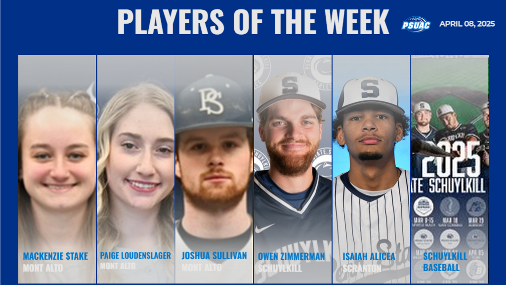 PSUAC Players of the Week announced on April 08, 2025, include, from left: Penn State Mont Alto's Mackenzie Stake; Penn State Mont Alto's Paige Loudenslager; Penn State Mont Alto's Joshua Sullivan; Penn State Schuylkill's Owen Zimmerman; Penn State Scranton's Isaiah Alicea; and Penn State Schuylkill Baseball.