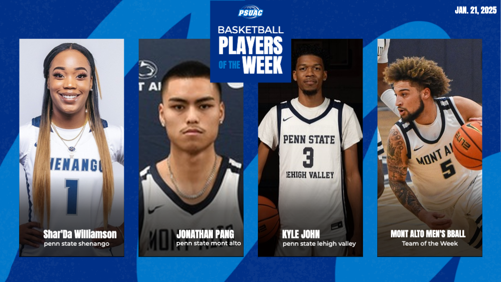 PSUAC Players of the Week for January 21st are, from left: Penn State Shenango's Shar'Da Williamson, Penn State Mont Alto's Jonathan Pang, Penn State Lehigh Valley's Kyle John, and the Penn State Mont Alto men's basketball team.