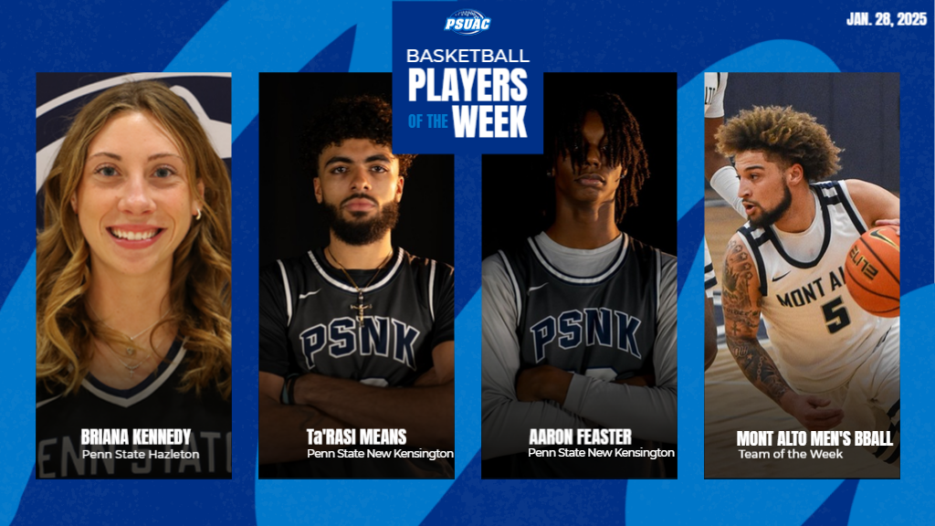 PSUAC Players of the Week were announced on January 28, 2025. From left, Penn State Hazleton's Brianna Kennedy, Penn State New Kensington's Ta'Rasi Means and Aaron Feaster, and Penn State Mont Alto's men's basketball team, were selected.