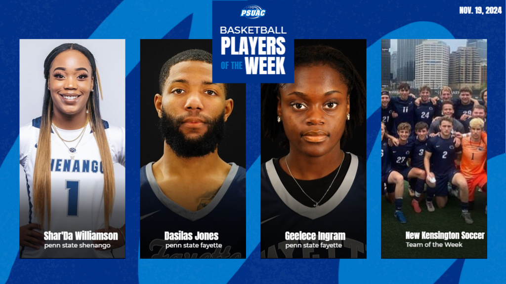 From left, Shar'Da Williamson, Dasilas Jones and Geelece Ingram were named PSUAC Players of the Week while Penn State Newe Kensington's men's soccer was named Team of the Week on November 19, 2024.