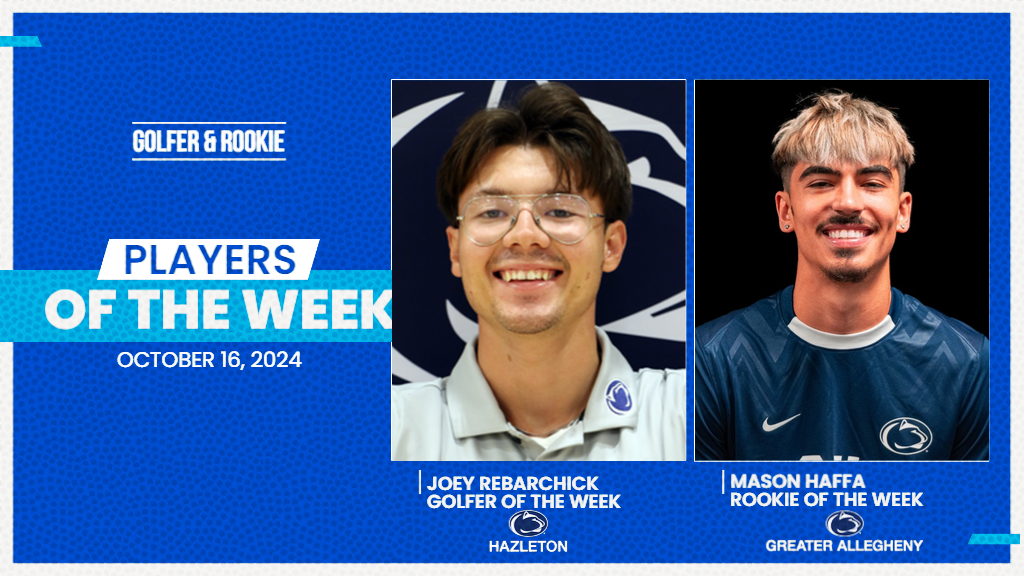 Penn State Hazleton's Joey Rebarchick was named PSUAC Golfer of the Week while Penn State Greater Allegheny's Mason Haffa earned Rookie of the Week on October 16, 2024.