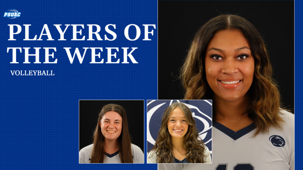 Penn State Fayette's Amiah DeShields (right) and Adela Blough (bottom left) joined Penn State Hazleton's Nora Jones (center) as PSUAC Volleyball Players of the Week on October 29, 2024.