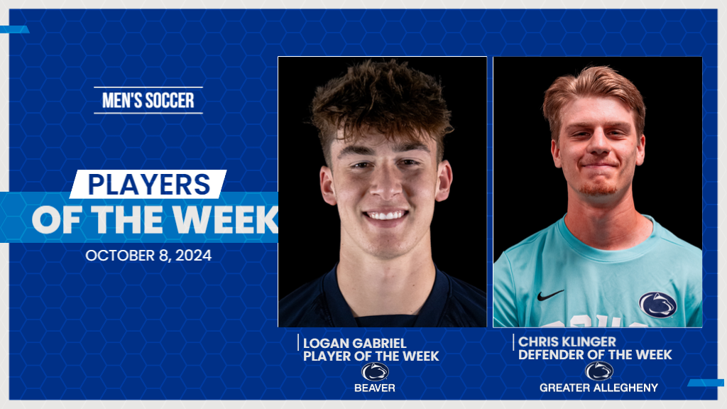 Penn State Beaver's Logan Gabriel and Penn State Greater Allegheny's Chris Klinger were recognized as PSUAC Men's Soccer Players of the Week on October 8, 2024.