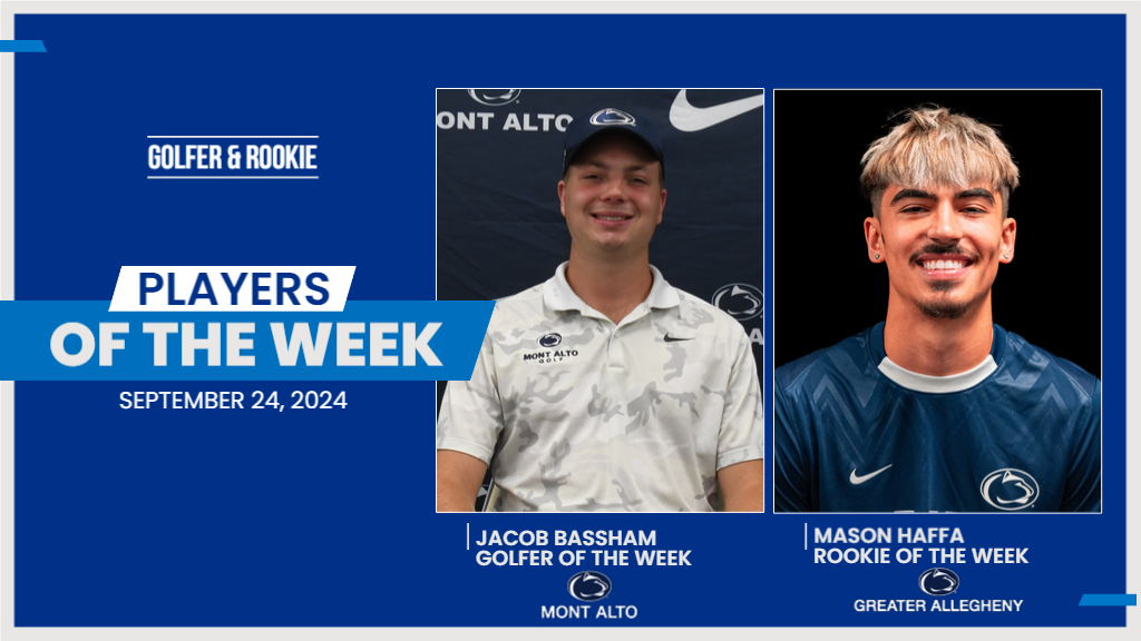 Penn State Mont Alto's Jacob Bassham and Penn State Greater Allegheny's Mason Haffa were named Golfer and Rookie of the Week, respectively, in the PSUAC on September 24, 2024.