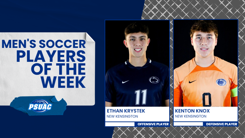 Penn State New Kensington's Ethan Krystek (left) and Kenton Knox were named PSUAC Men's Soccer Players of the Week for the week ending November 2, 2025.
