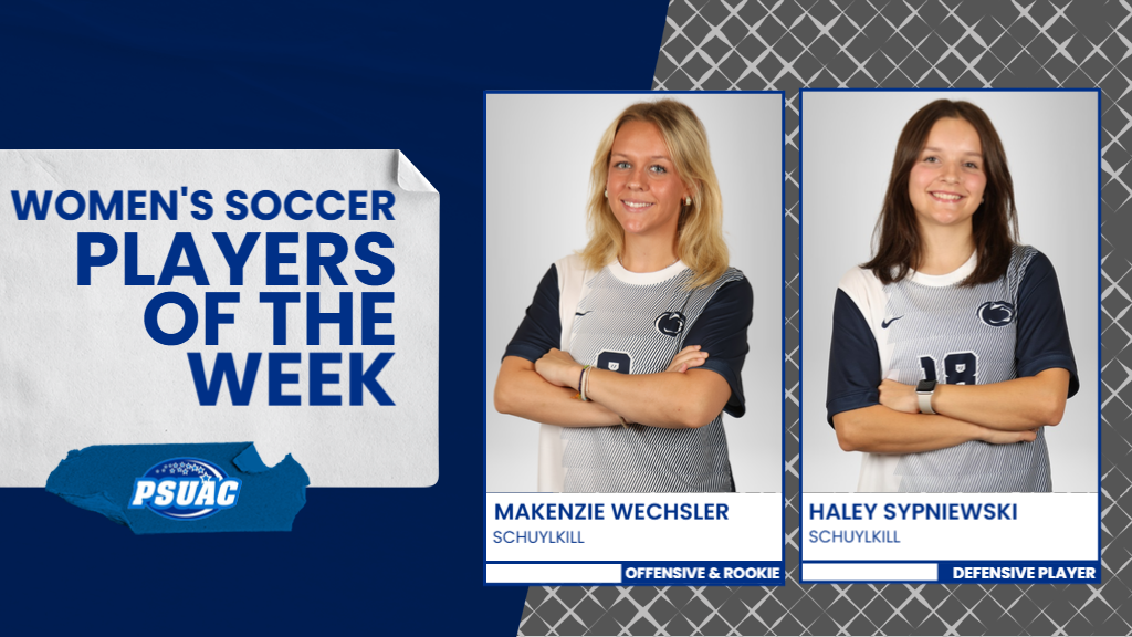 Penn State Schuylkill's Makenzie Wechsler (left) and Haley Sypniewski were named PSUAC Players of the Week in women's soccer after leading their team to a shutout win in the PSUAC Women's Soccer semifinals.
