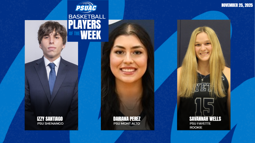 PSUAC Basketball Players of the Week for the week ending November 23, 2025 include, from left: Penn State Shenango's Izzy Santiago, Penn State Mont Alto's Dariana Perez and Penn State Fayette's Savannah Wells.
