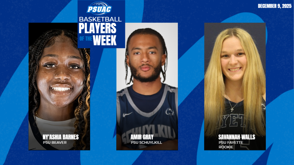 PSUAC Players of the Week for the week ending December 7, 2025 include, from left: Penn State Beaver's Ny'Ashia Barnes, Penn State Schuylkill's Amir Gray and Penn State Fayette's Savannah Walls.