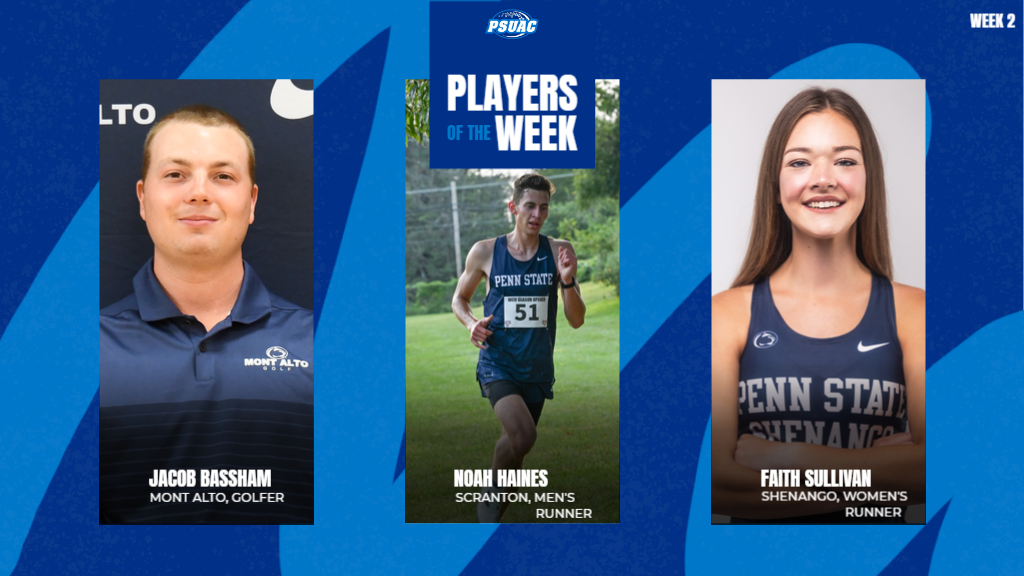 PSUAC Players of the Week for the week ending September 14, 2025 include Penn State Mont Alto's Jacob Bassham (golf), Penn State Scranton's Noah Haines (men's cross country) and Penn State Shenango's Faith Sullivan (women's cross country).