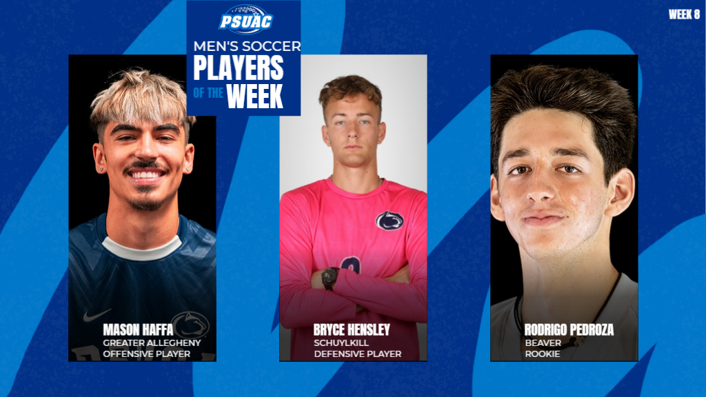 Penn State Greater Allegheny's Mason Haffa (left), Penn State Schuylkill's Bryce Hensley (center) and Penn State Beaver's Rodrigo Pedroza were named PSUAC Men's Soccer Players of the Week for the week ending October 26, 2025.
