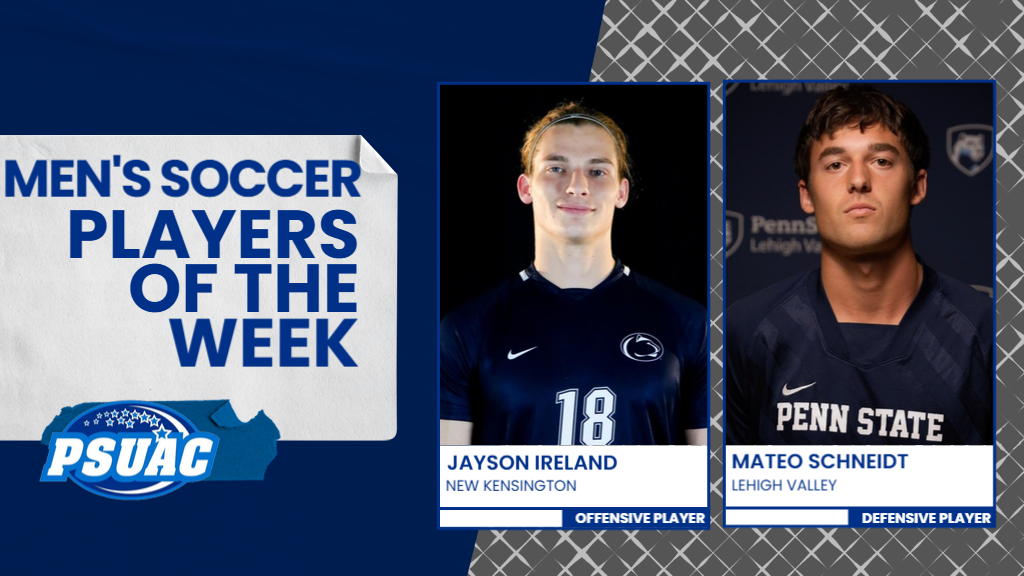 Penn State New Kensington's Jayson Ireland (left) and Penn State Lehigh Valley's Mateo Schneidt were named the PSUAC Men's Soccer Players of the Week for the week ending September 7, 2025.