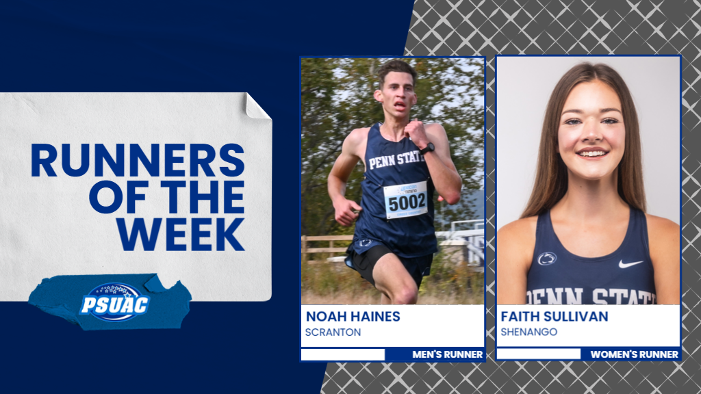 Penn State Scranton's Noah Haines (left) and Penn State Shenango's Faith Sullivan were named PSUAC Runners of the Week after winning their individual PSUAC Cross Country Invitational races on Saturday, November 8th, 2025.