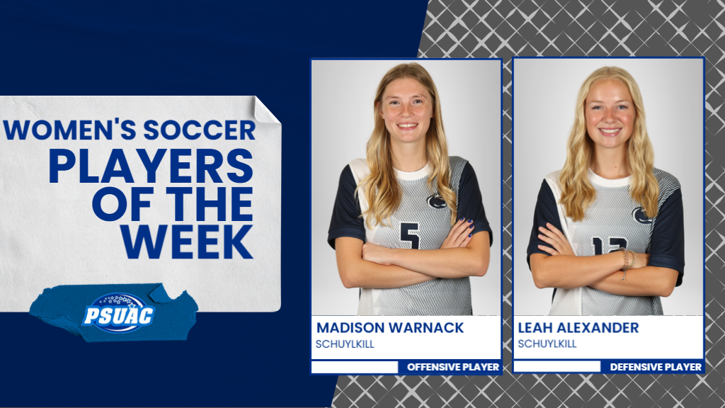 Penn State Schuylkill's Madison Warnack (left) and Leah Alexander each scored goals in their team's 2-1 PSUAC Women's Soccer Championship win last Tuesday, November 4th, 2025.