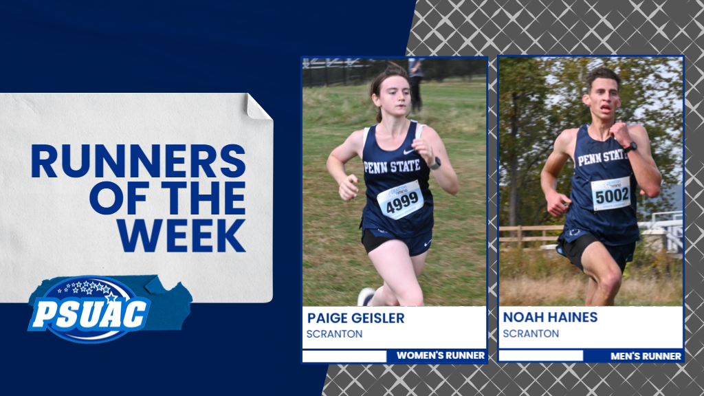 Penn State Scranton swept the weekly awards for cross country in the PSUAC for the week ending October 19th. Paige Geisler (left) and Noah Haines were named Runners of the Week.
