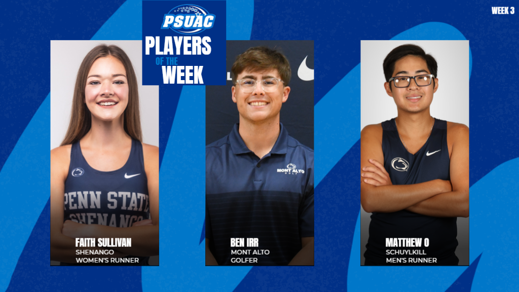 Penn State Shenango's Faith Sullivan (left), Penn State Mont Alto's Ben Irr (center) and Penn State Schuylkill's Matthew O claimed weekly awards in individual sports for the week ending September 21, 2025.