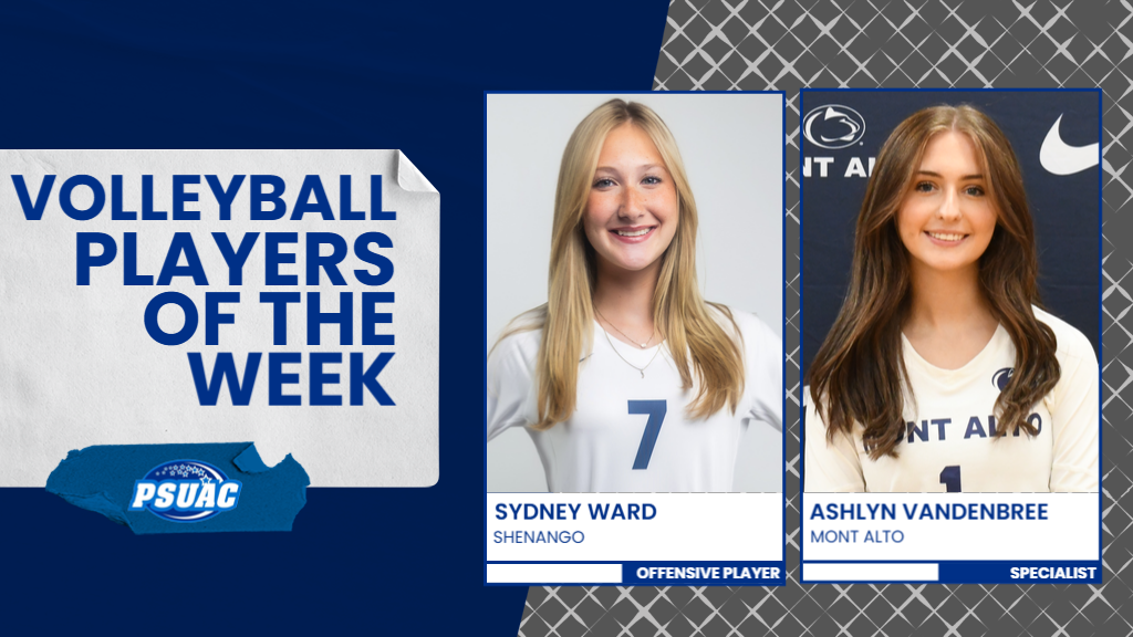 Penn State Shenango's Sydney Ward (left) and Penn State Mont Alto's Ashlyn Vandenbree were recognized for their outstanding play during the first rounds of the PSUAC Volleyball tournament and were named PSUAC Players of the Week for the week ending October 26, 2025.