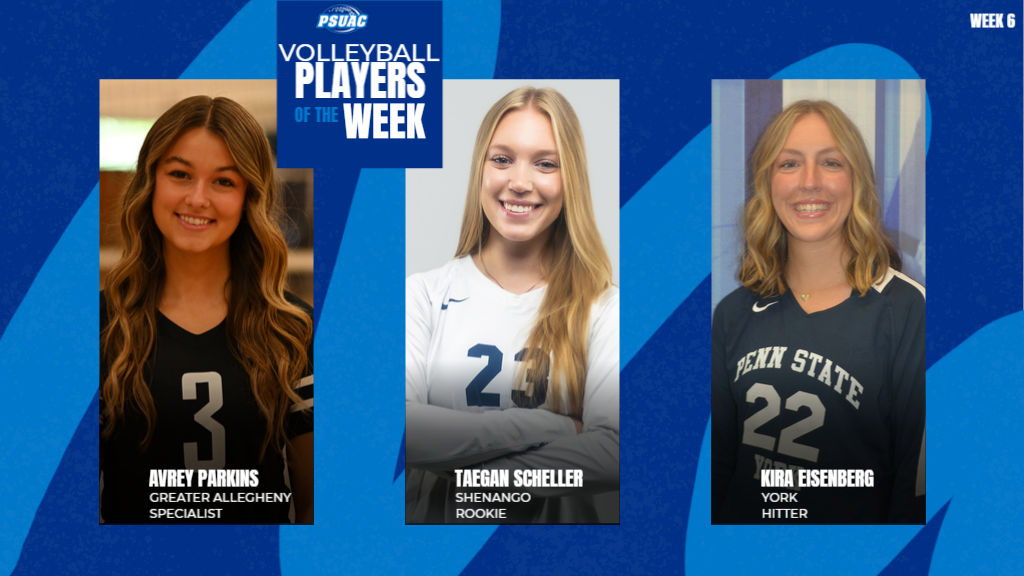 PSUAC Volleyball Players of the Week for the week ending October 12, 2025 include Penn State Greater Allegheny's Avrey Parkins (left), Penn State Shenango's Taegan Scheller (middle) and Kira Eisenberg from Penn State York.