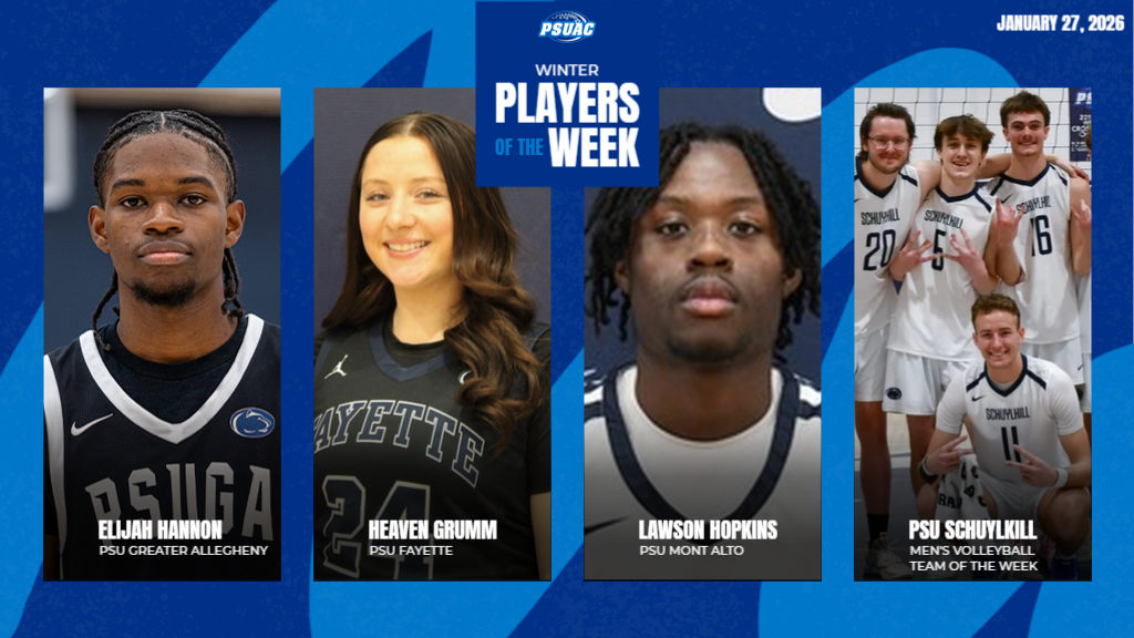 PSUAC Players of the Week for the week ending January 25, 2026 include, from left: Penn State Greater Allegheny's Elijah Hannon, Penn State Fayette's Heaven Grumm, Penn State Mont Alto's Lawson Hopkins and Penn State Schuylkill's Men's Volleyball team.