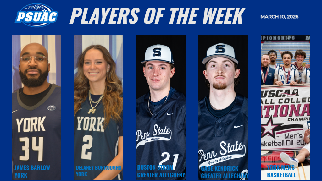 PSUAC Players of the Week for the week ending March 8, 2026 include, from left, Penn State York's James Barlow and Delaney Burroughs and Penn State Greater Allegheny's Duston Strom and Gabe Kendrick. York men's basketball (right) won the 2026 USCAA Division II Men's Basketball National Championship on Saturday and earned Team of the Week honors (championship photo courtesy of the USCAA/SLT Photo).
