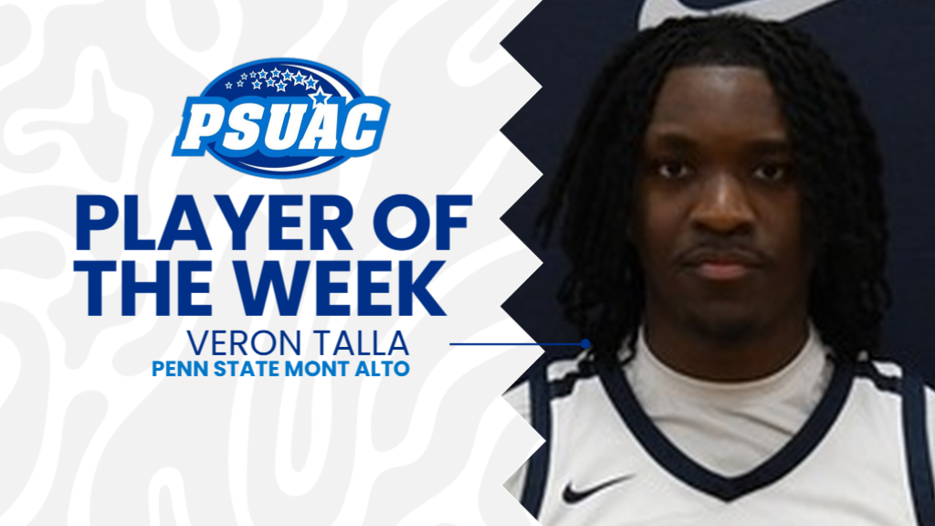 Penn State Mont Alto's Veron Talla was named the PSUAC men's basketball Player of the Week after excelling over winter break, earning the award on January 13, 2026.