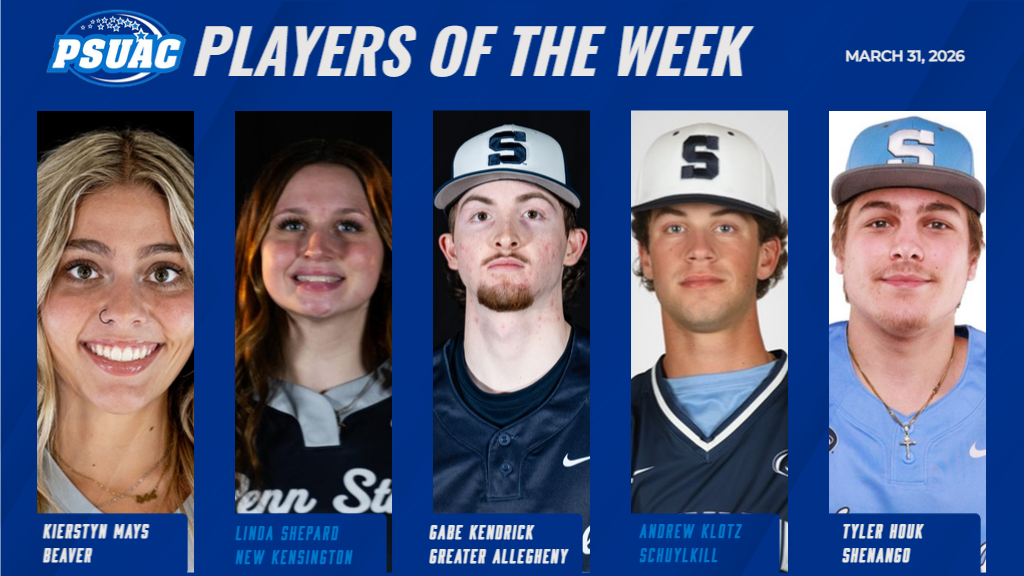 From left, the PSUAC Players of the Week include: Penn State Beaver's Kierstyn Mays, Penn State New Kensington's Linda Shepard, Penn State Greater Allegheny's Gabe Kendrick, Penn State Schuylkill's Andrew Klotz and Penn State Shenango's Tyler Houk.