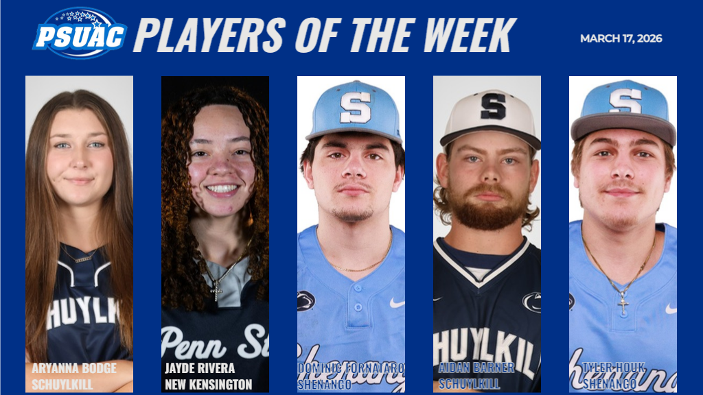 PSUAC Players of the Week for the week ending March 17, 2026 include, from left, Penn State Schuylkill's Aryanna Bodge, Penn State New Kensington's Jayde Rivera, Penn State Shenango's Dominic Fornataro, Schuylkill's Aidan Barner and Shenango's Tyler Houk.