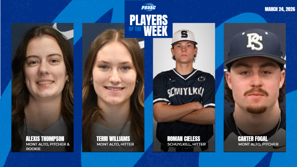 PSUAC Players of the Week for March 24, 2026 include, from left, Penn State Mont Alto's Alexis Thompson, Mont Alto's Terri Williams, Penn State Schuylkill's Roman Cieless and Mont Alto's Carter Fogal.