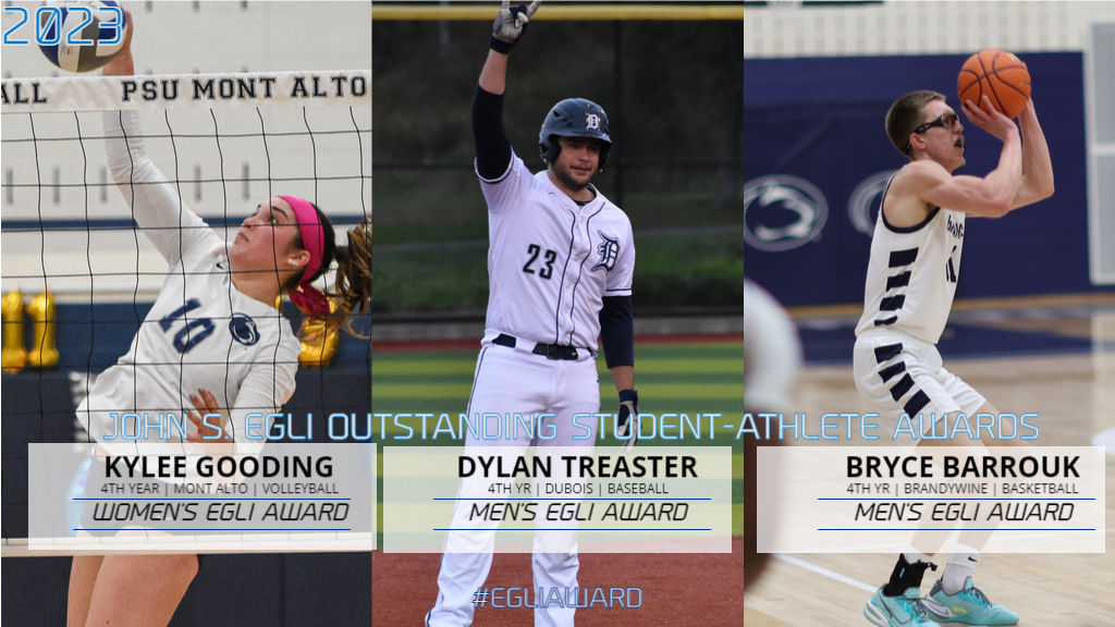 The 2023 John S. Egli Outstanding Student-Athlete Awards recipients have been selected, from left: Kylee Gooding, Penn State Mont Alto; Dylan Treaster, Penn State DuBois; and Bryce Barrouk, Penn State Brandywine