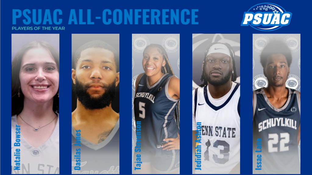 Five PSUAC basketball players earned Player of the Year honors, including, from left: Penn State DuBois' Natalie Bowser (Women's West Division), Penn State Fayette's Dasilas Jones (Men's West Division), Penn State Schuylkill's Tajae Stevenson (Women's East Divison), and co-Players of the Year in the Men's East Division, Penn State Wilkes-Barre's Jedidiah Ashton and Schuylkill's Issac Lane.