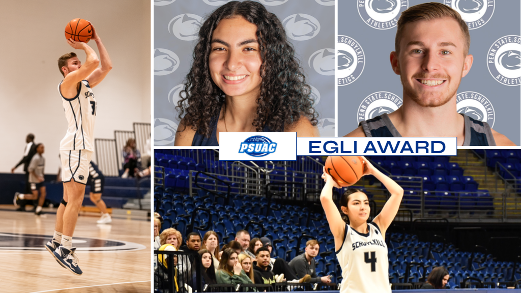 Penn State Schuylkill's Malak Mowafi and Andrew Sepp were named the 2025 John S. Egli Outstanding Student-Athletes. Pictured, from left and moving clockwise: Sepp takes a shot during warm-ups prior to a men's basketball game; Mowafi smiles in her cross country head shot; Sepp smiles during his basketball head shot; Mowafi looks to pass during the 2025 PSUAC Women's Basketball Championship game at the Bryce Jordan Center.