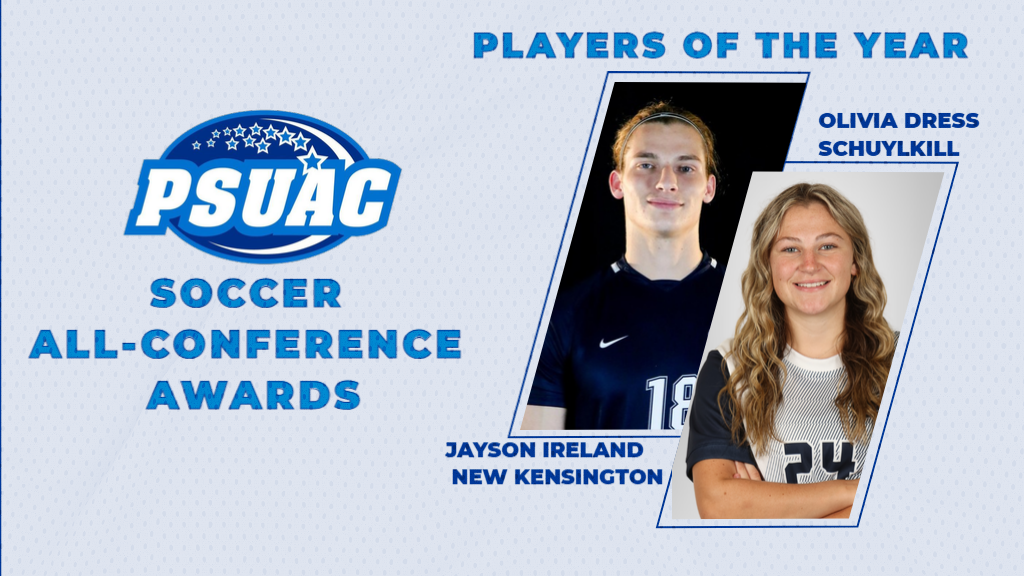 Penn State New Kensington's Jayson Ireland (left) and Penn State Schuylkill's Olivia Dress were named PSUAC Men's and Women's Soccer Players of the Year, respectively, leading more than 80 players and coaches recognized for their outstanding seasons.
