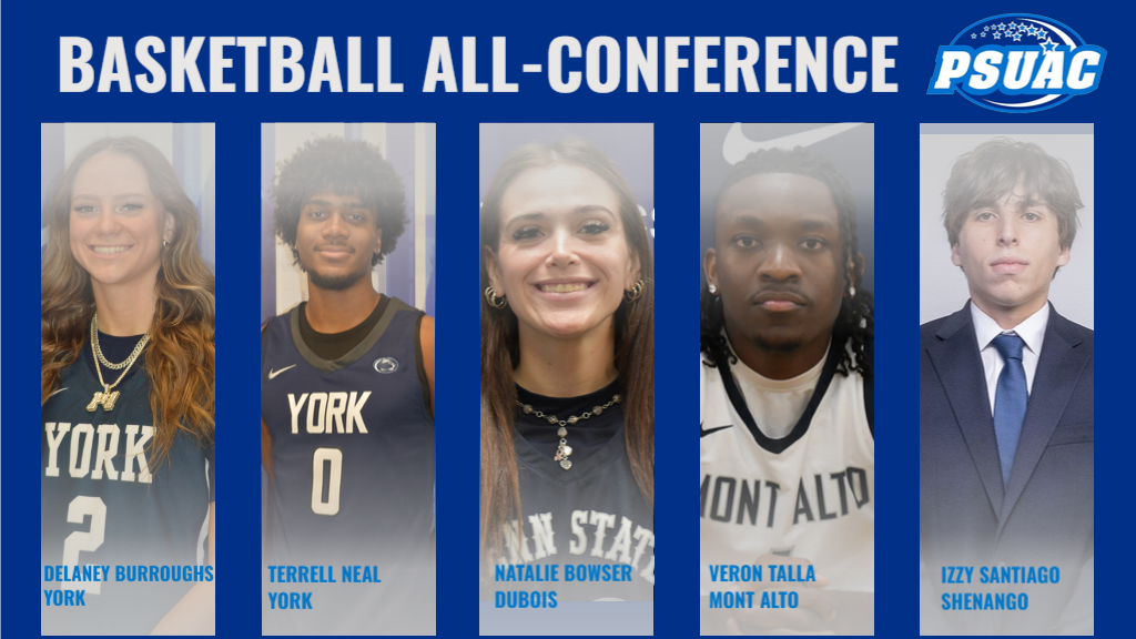 The PSUAC announced its 2025-26 Men's and Women's Basketball All-Conference teams on Friday, February 20th. Pictured are the PSUAC's Players of the Year. From left, Penn State York's Delaney Burroughs, York's Terrell Neal, Penn State DuBois' Natalie Bowser, Penn State Mont Alto's Veron Talla and Penn State Shenango's Izzy Santiago.