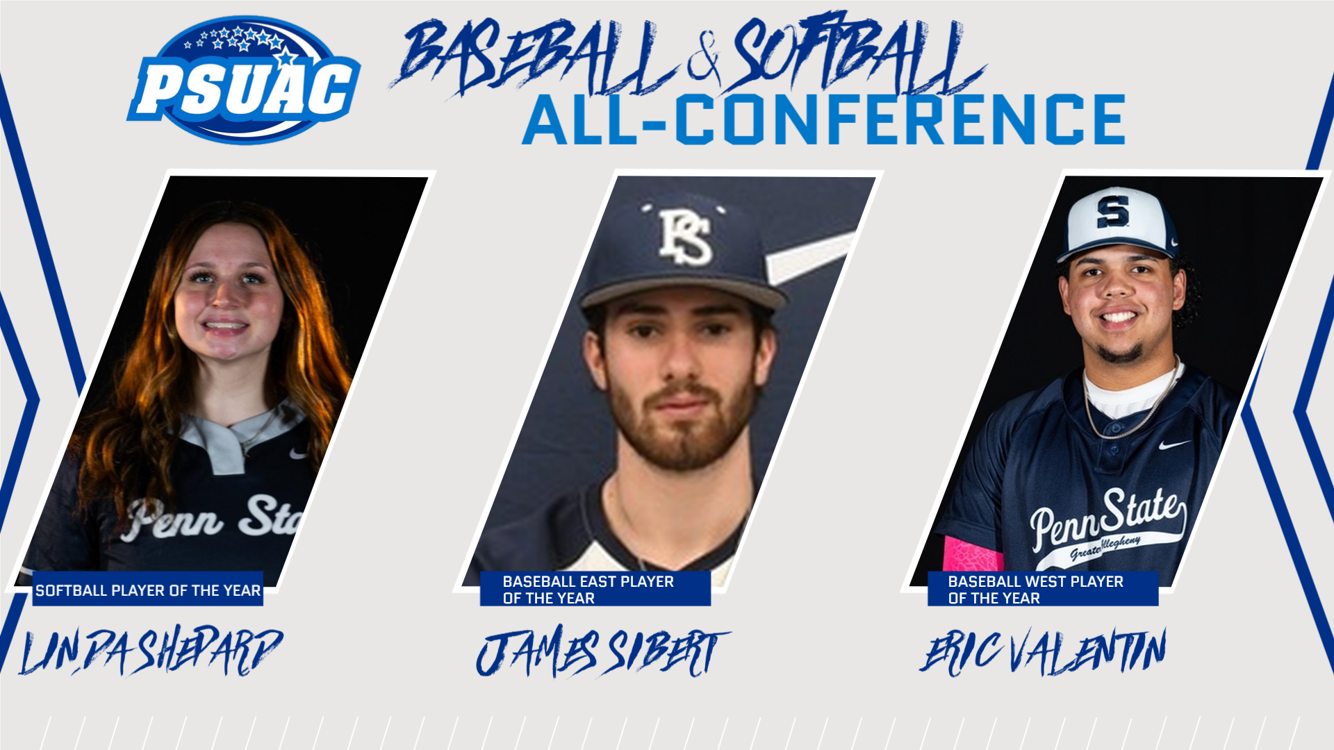 The PSUAC announced its 2026 Baseball and Softball All-Conference teams on April 30th. Pictured are the Players of the Year, including, from left, Penn State New Kensington's Linda Shepard, Penn State Mont Alto's James Sibert, and Penn State Greater Allegheny's Eric Valentin.