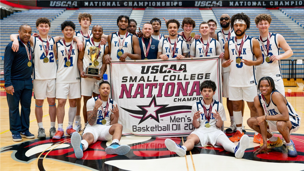 The Penn State York men's basketball team (pictured) poses with the USCAA National Championship trophy and banner after winning the 2026 USCAA Division II Men's Basketball title on Saturday, March 7th.
Photo courtesy of the USCAA/SLT Photo.