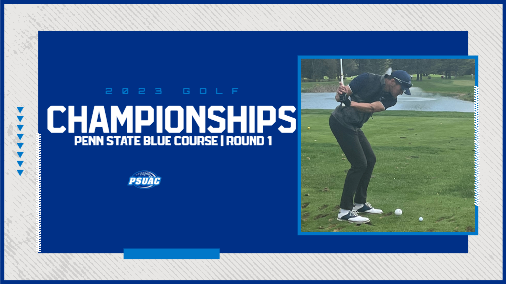 Penn State Mont Alto's Ryan Small swings on the 14th hole on day one of the PSUAC Golf Championships at the Penn State Blue Course.