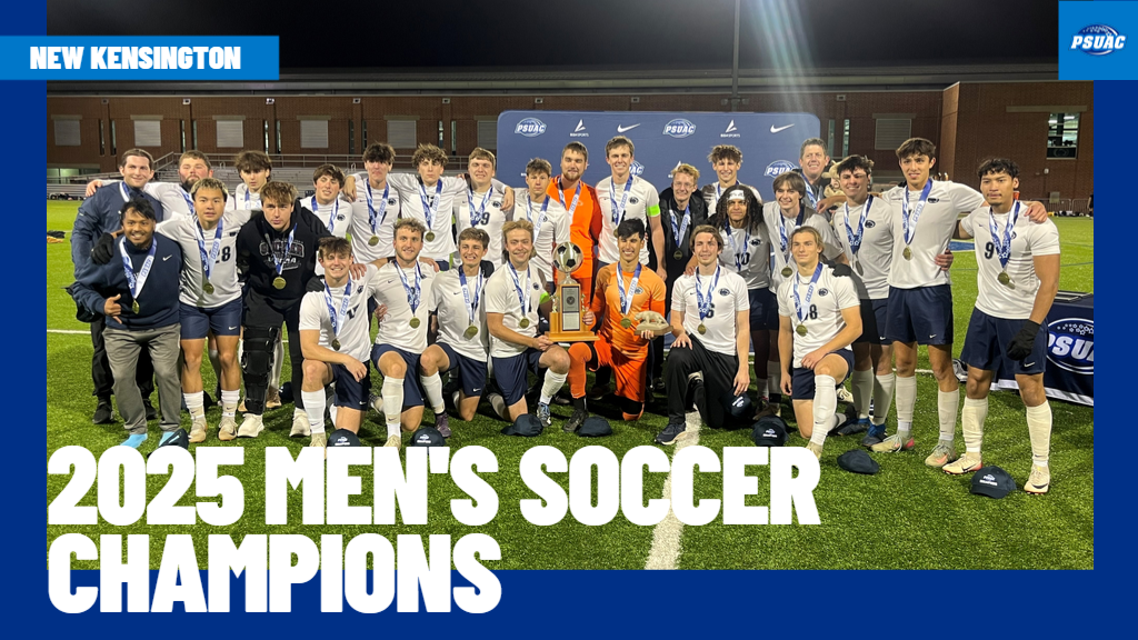 Penn State New Kensington's men's soccer team poses with the PSUAC Men's Soccer Championship trophy after winning the 2025 tournament with a double overtime 1-0 win over Penn State Scranton.
