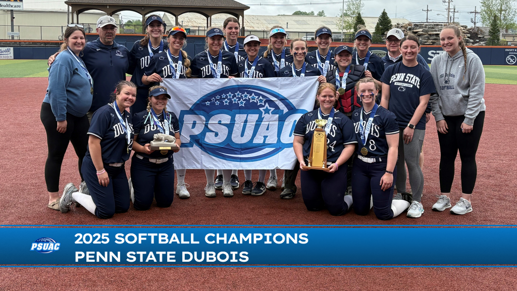 Penn State DuBois's softball team (pictured) poses with the PSUAC Softball Championship trophy after winning its first-ever softball title in program history on Sunday, May 4, 2025.