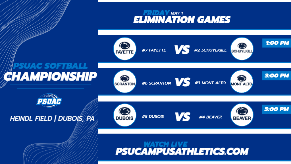 PSUAC Softball Championship gameday graphic showing Friday's quarterfinal games.