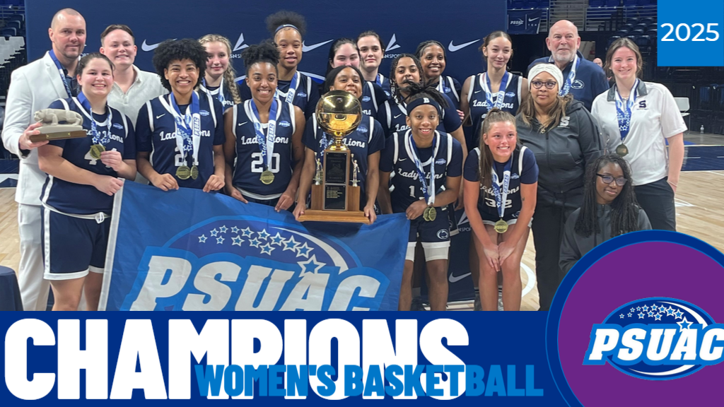 Pictured is Penn State Beaver's women's basketball team after capturing the 2025 PSUAC Championship on Sunday, March 2nd in the Bryce Jordan Center.
