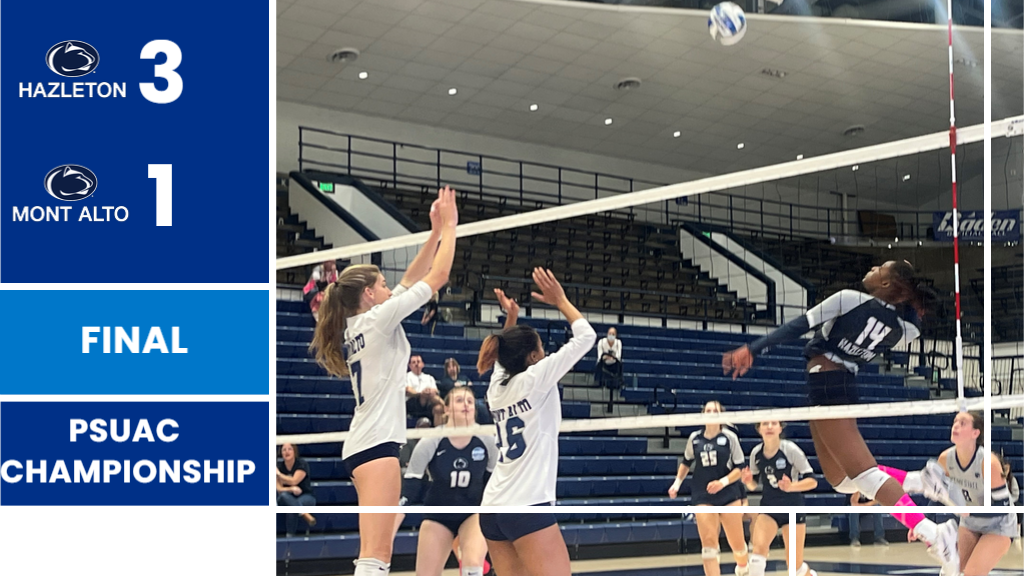 A graphic displaying the 2024 PSUAC Volleyball Championship match between Penn State Hazleton and Penn State Mont Alto.
