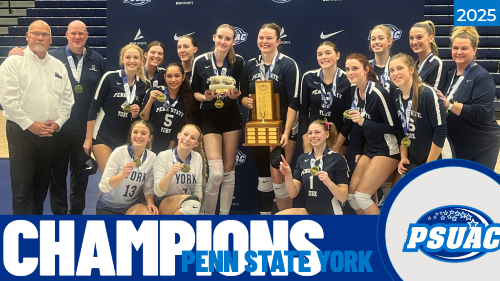 The Penn State York volleyball team (pictured) poses with the Championship trophy and their medals after winning the 2025 PSUAC Volleyball Championship.
