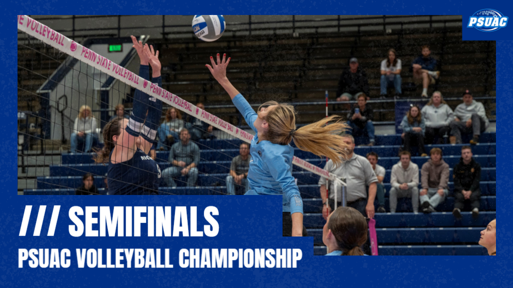 Penn State Mont Alto's Abigail Wagner (left) and Penn State Shenango's Sydney Ward battle for the ball at the net during their semifinal match of the PSUAC Volleyball Championship tournament on Monday, October 27th, 2025 in Rec Hall, University Park, Pa.